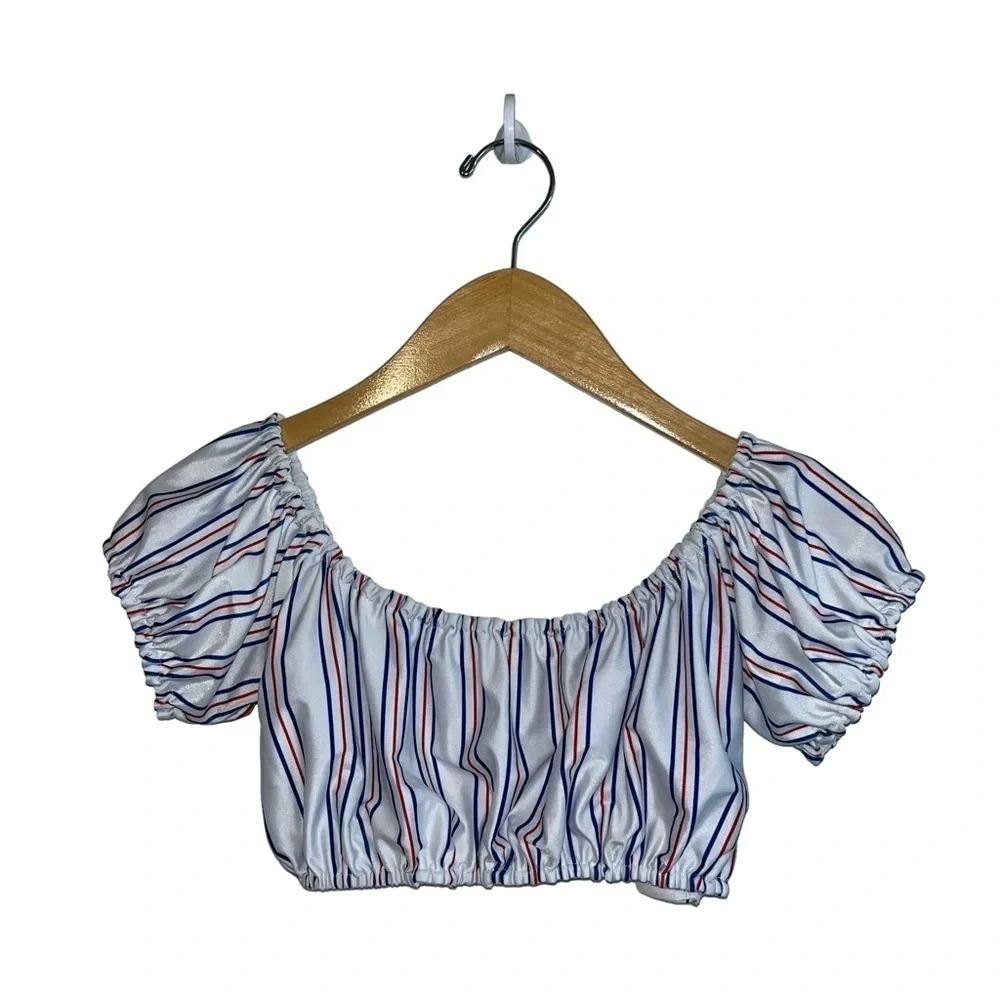 Lovers + Friends Red White Blue Striped Swim Top Size SM Ruffle Cap Sleeve Crop